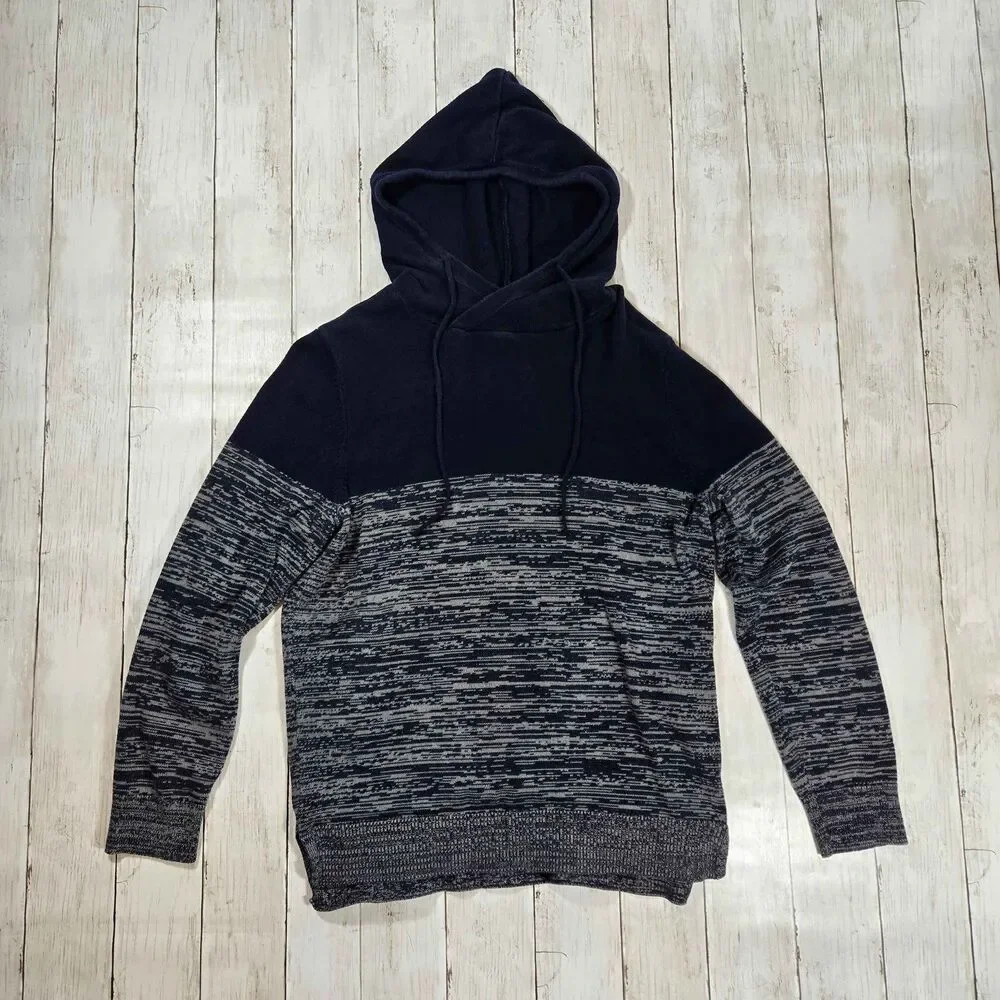 Express Mens Knit Hoodie Sweater Size M Navy Blue Gray Pullover Long Sleeve